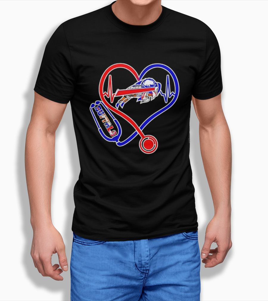 Buffalo Bills Sabres Heartbeat Stethoscope Red White Blue T-Shirt