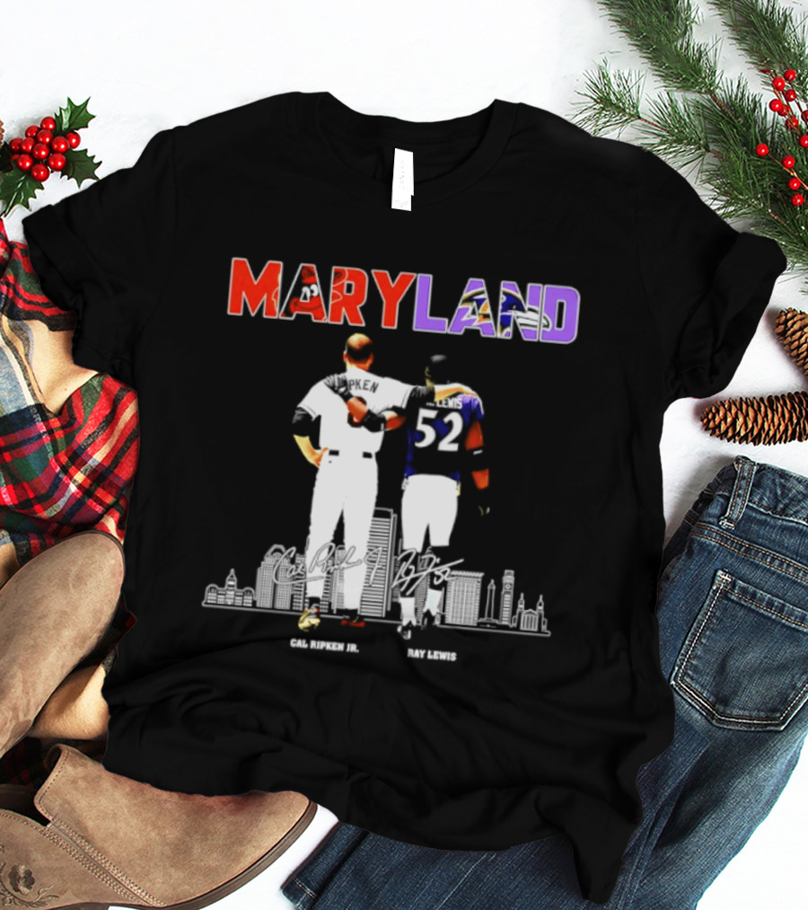 Maryland Cal Ripken Jr 8 Baltimore Orioles Ray Lewis 52 Baltimore Ravens Skyline T-Shirt