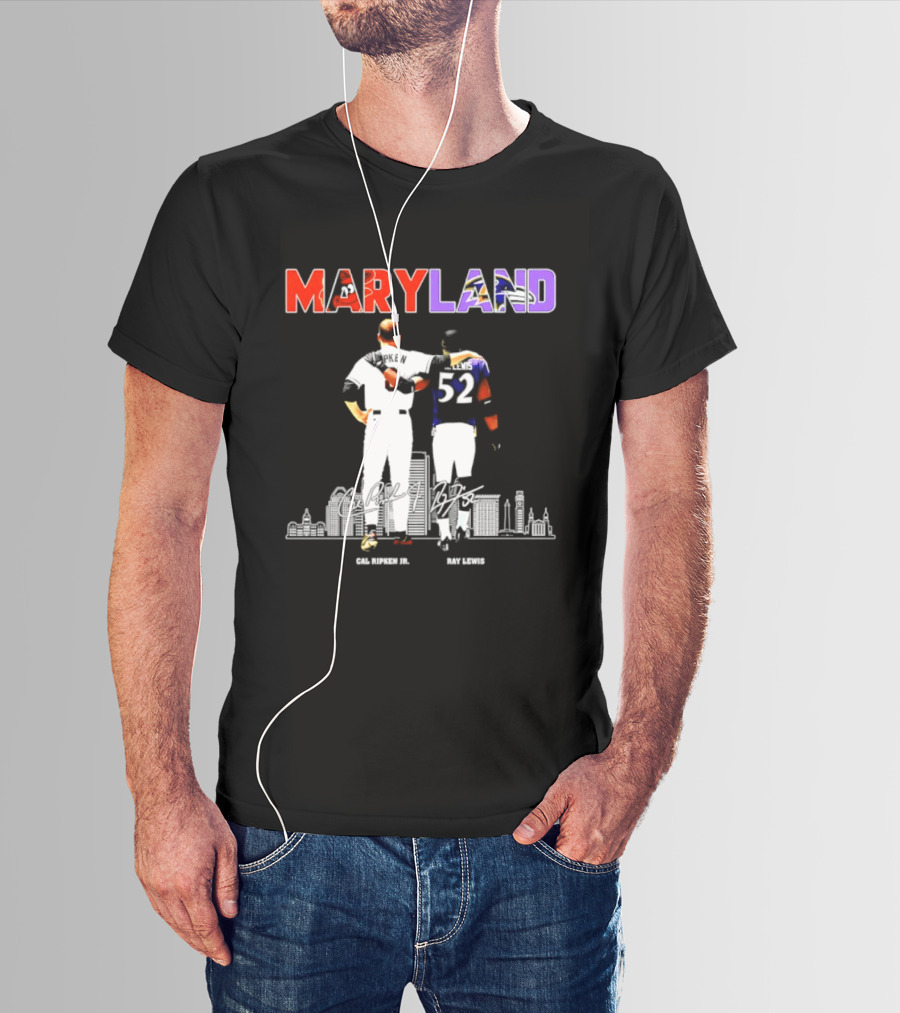 Maryland Cal Ripken Jr 8 Baltimore Orioles Ray Lewis 52 Baltimore Ravens Skyline T-Shirt