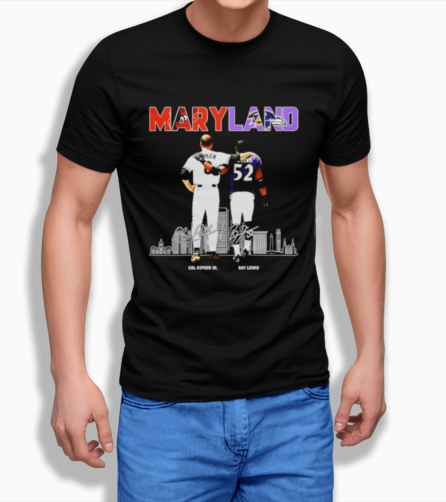 Maryland Cal Ripken Jr 8 Baltimore Orioles Ray Lewis 52 Baltimore Ravens Skyline T-Shirt