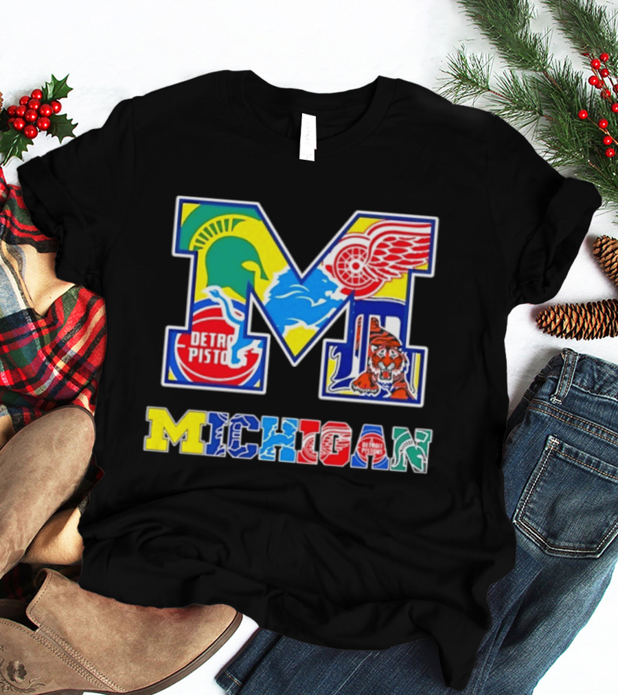 Michigan Detroit Pistons Red Wings Tigers Lions Wolverines Icons M T-Shirt