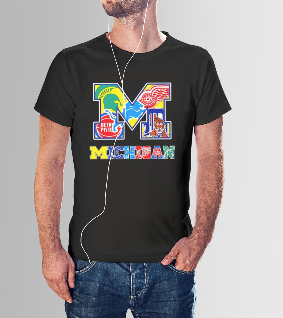Michigan Detroit Pistons Red Wings Tigers Lions Wolverines Icons M T-Shirt