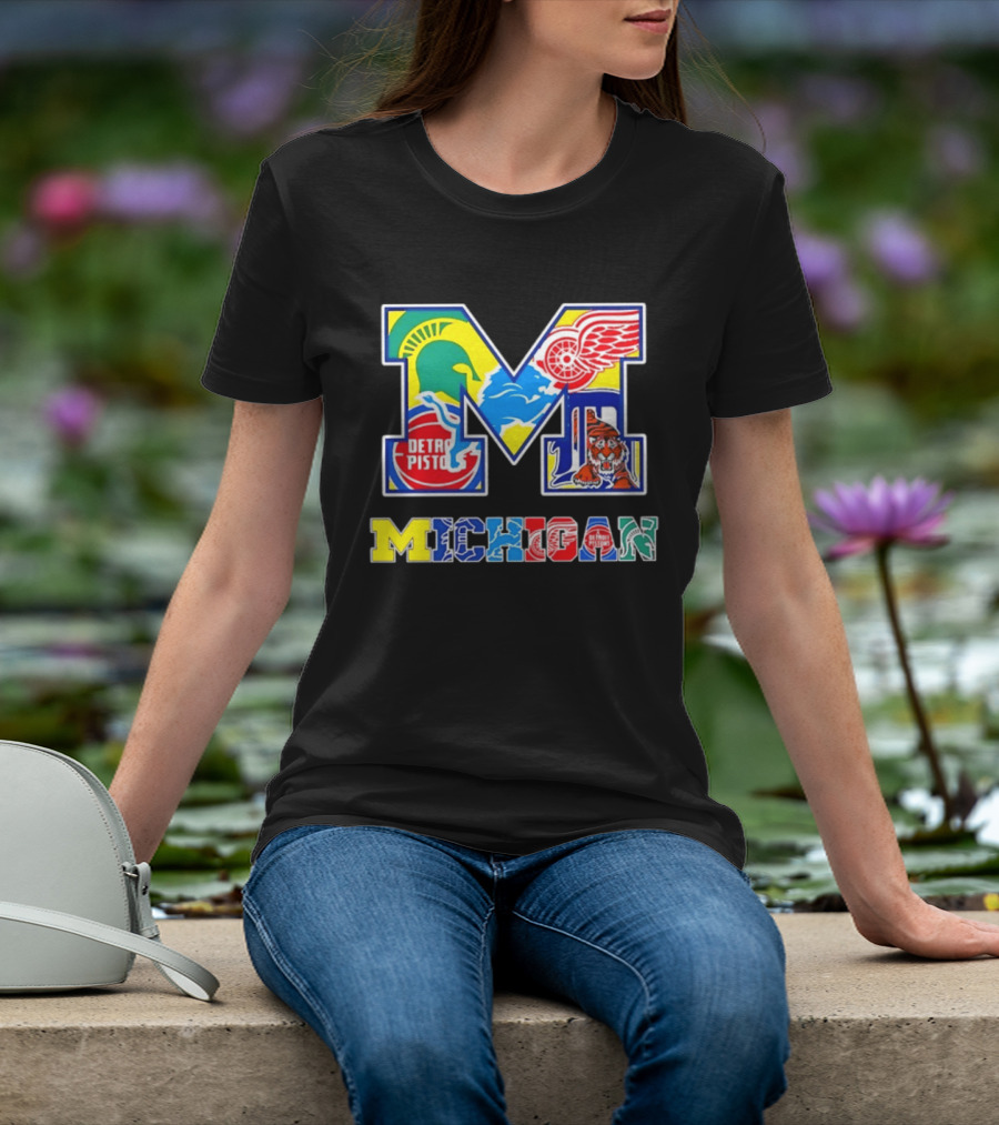 Michigan Detroit Pistons Red Wings Tigers Lions Wolverines Icons M T-Shirt