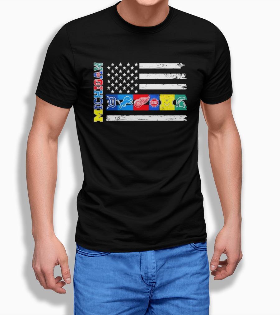Michigan Detroit Tigers Lions Red Wings Pistons Wolverines Spartans Flag Sports Team Pride T-Shirt