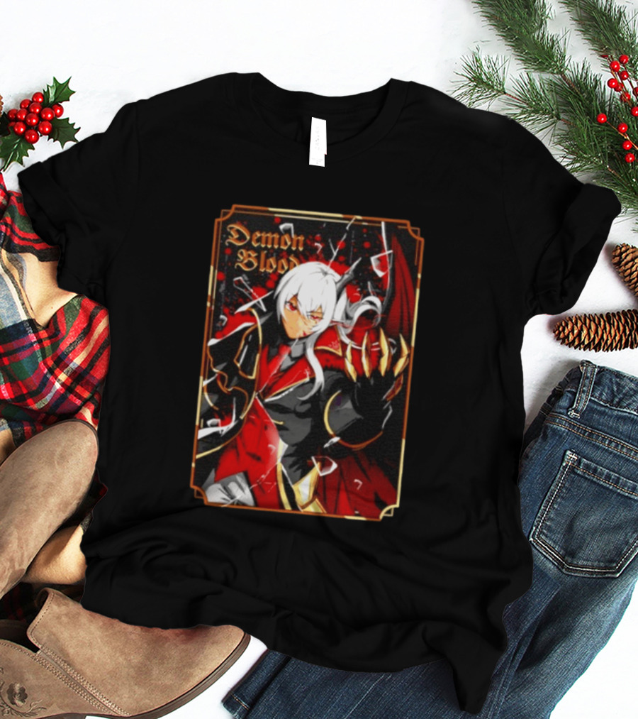 Demon Blood Anime Fantasy Dark Character Design With White Hair And Red Accents T-Shirt
