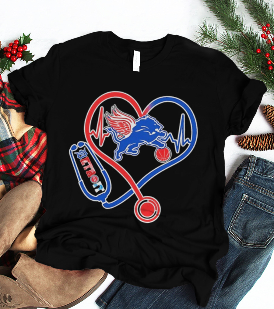 Detroit Heartbeat Stethoscope Lion Playing Basketball T-Shirt