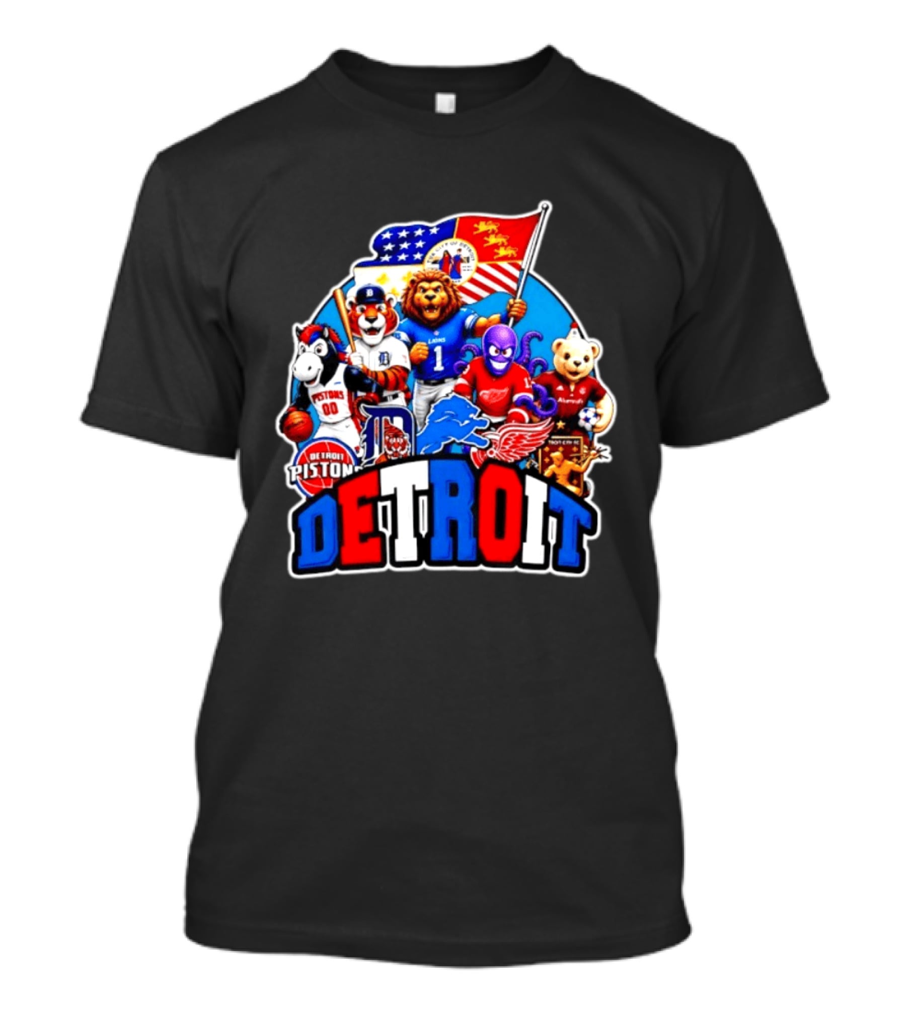 Detroit Lions Tigers Pistons Red Wings Mascots With Flag T-Shirt