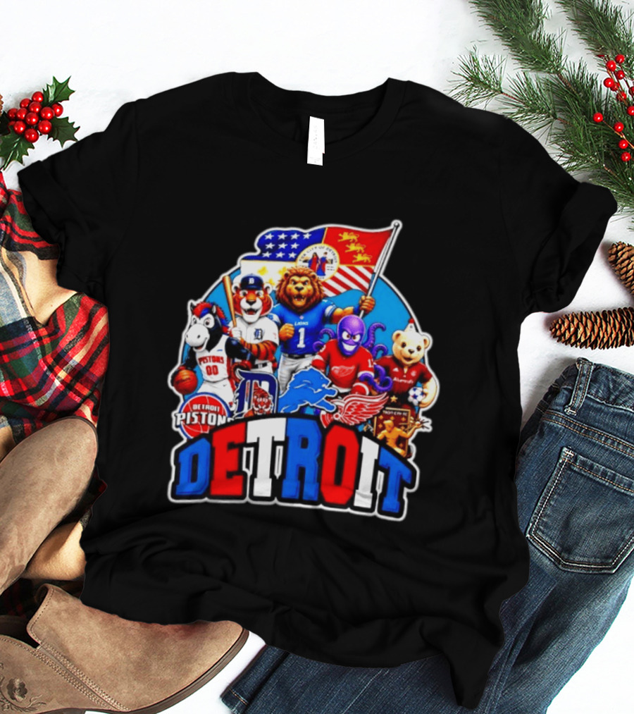 Detroit Lions Tigers Pistons Red Wings Mascots With Flag T-Shirt