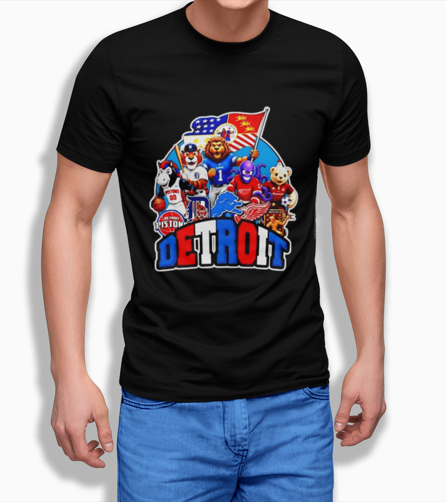 Detroit Lions Tigers Pistons Red Wings Mascots With Flag T-Shirt