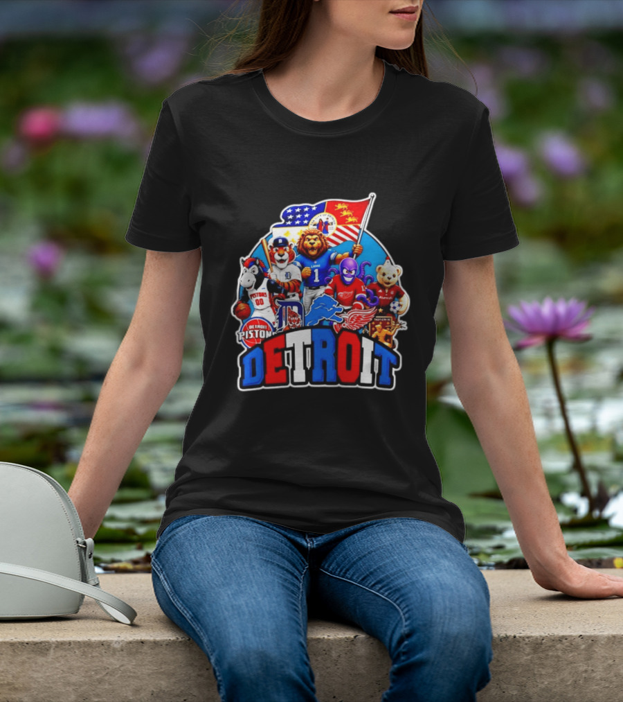 Detroit Lions Tigers Pistons Red Wings Mascots With Flag T-Shirt
