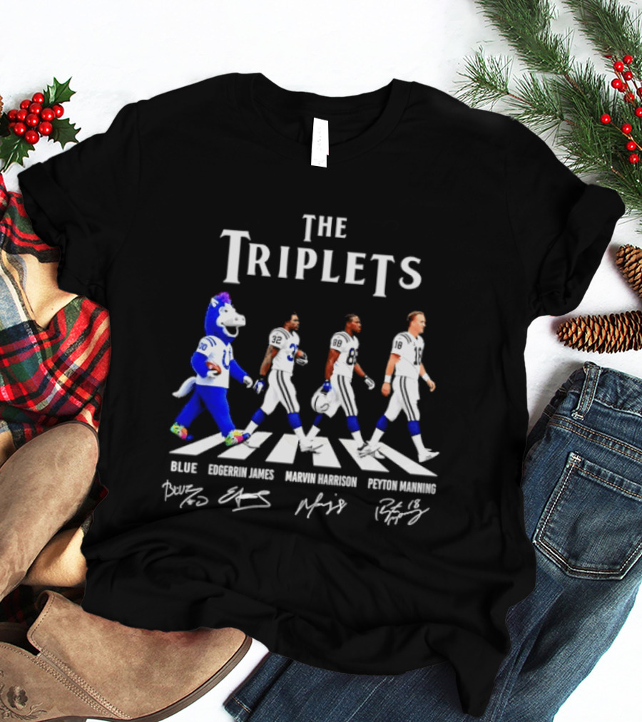The Triplets Blue Edgerrin James Marvin Harrison Peyton Manning Indianapolis Colts Abbey Road Signatures T-Shirt