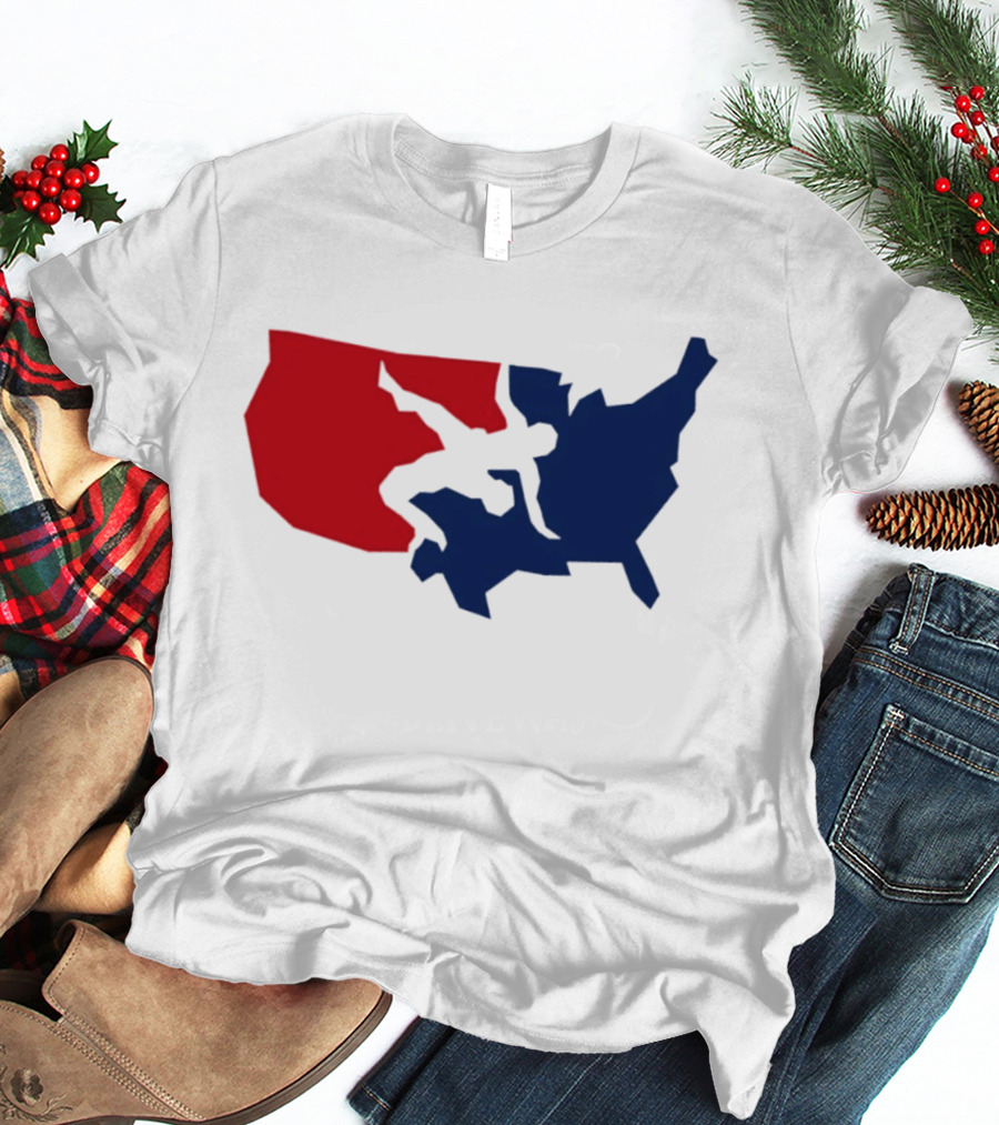 USA Wrestling Map Silhouette Red Blue T-Shirt