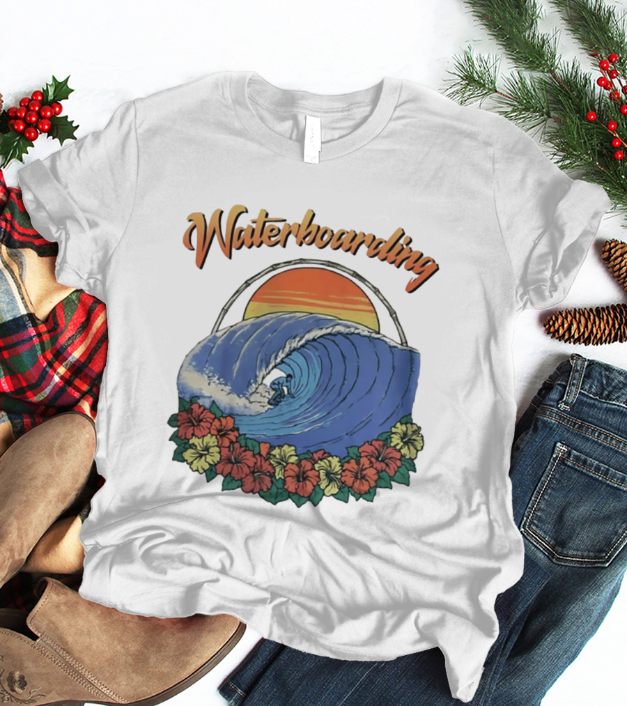 Waterboarding Surfing Tropical Hibiscus Flower Sunset Wave T-Shirt