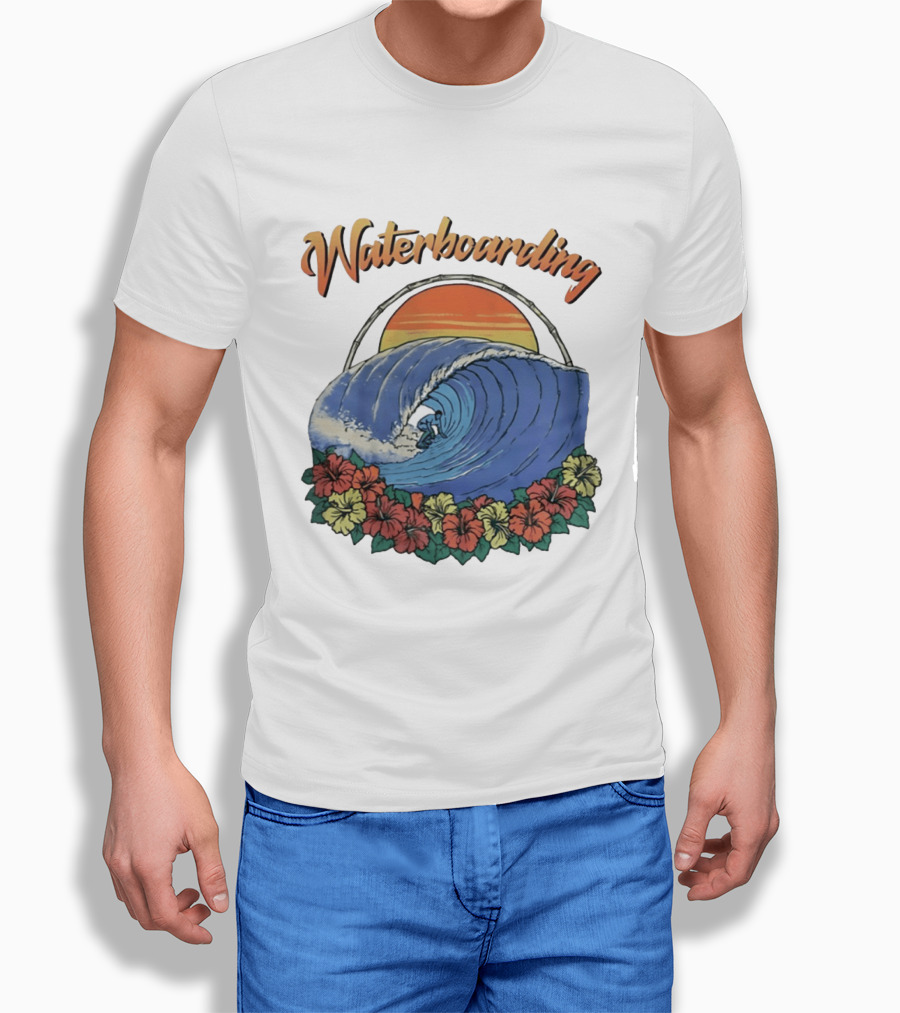 Waterboarding Surfing Tropical Hibiscus Flower Sunset Wave T-Shirt