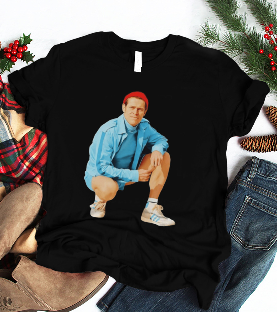 Klaus Willem Dafoe Retro Style With Red Beanie And Blue Tracksuit T-Shirt