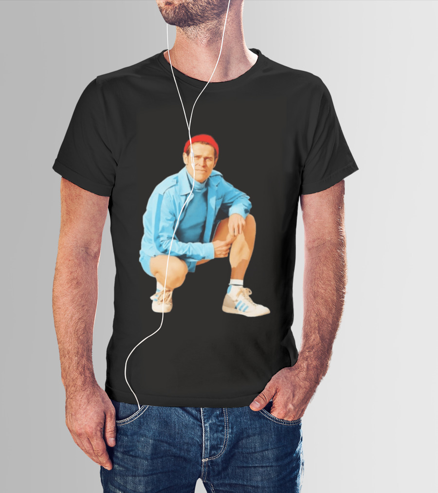 Klaus Willem Dafoe Retro Style With Red Beanie And Blue Tracksuit T-Shirt