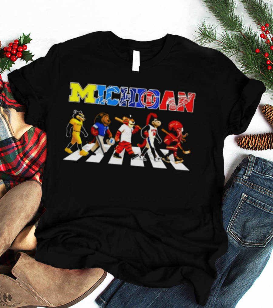Michigan Sports Mascots Abbey Road Detroit Lions Pistons Tigers Red Wings Wolverine T-Shirt