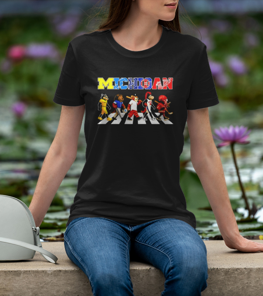 Michigan Sports Mascots Abbey Road Detroit Lions Pistons Tigers Red Wings Wolverine T-Shirt