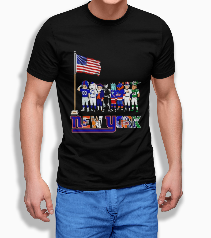 New York Sports Teams Mascots American Flag Giants Yankees Mets Rangers Knicks Jets T-Shirt
