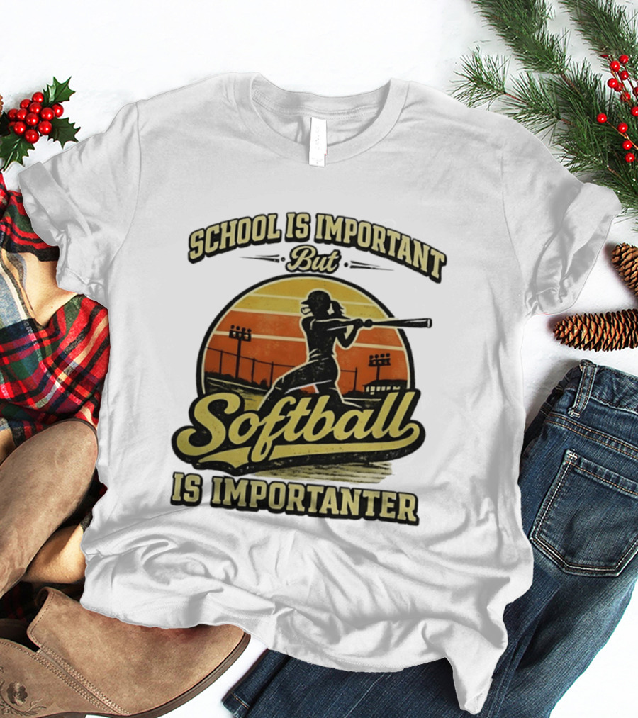 School Is Important But Softball Is Importanter Retro Silhouette Batter T-Shirt