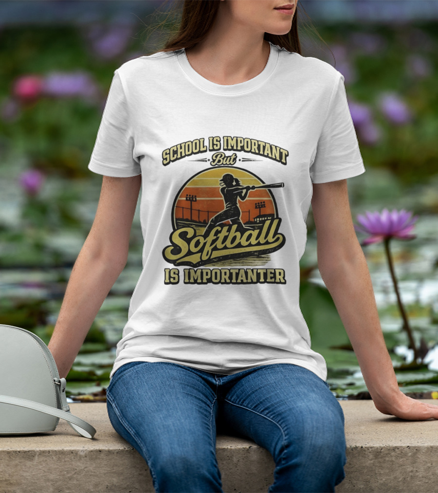 School Is Important But Softball Is Importanter Retro Silhouette Batter T-Shirt