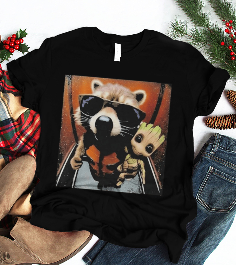John Bates Raccoon And Baby Tree Alien With Sunglasses And Orange Suit T-Shirt