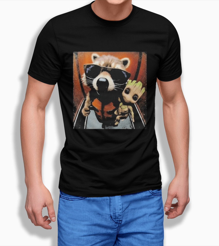 John Bates Raccoon And Baby Tree Alien With Sunglasses And Orange Suit T-Shirt