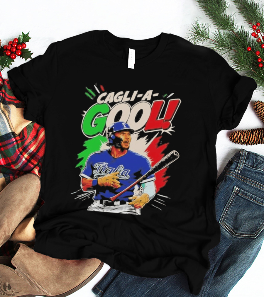Cagli A Gool Italia Baseball Player Hitter With Italian Flag T-Shirt