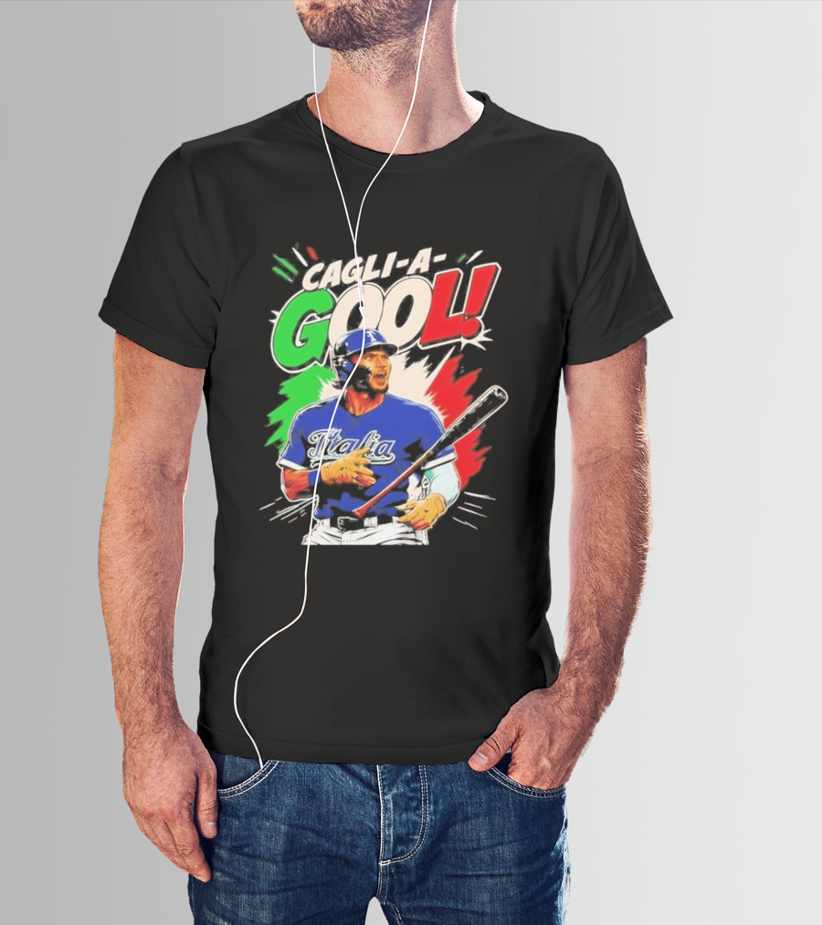 Cagli A Gool Italia Baseball Player Hitter With Italian Flag T-Shirt