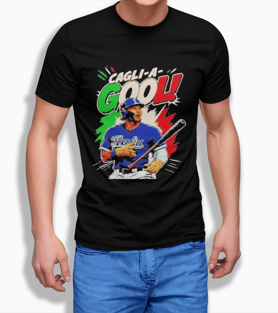 Cagli A Gool Italia Baseball Player Hitter With Italian Flag T-Shirt