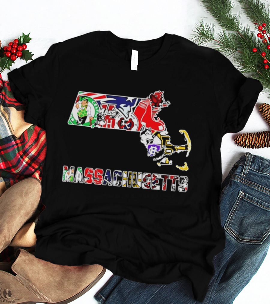 Massachusetts Sports Teams Collage Map Celtics Patriots Red Sox Bruins Revolution T-Shirt