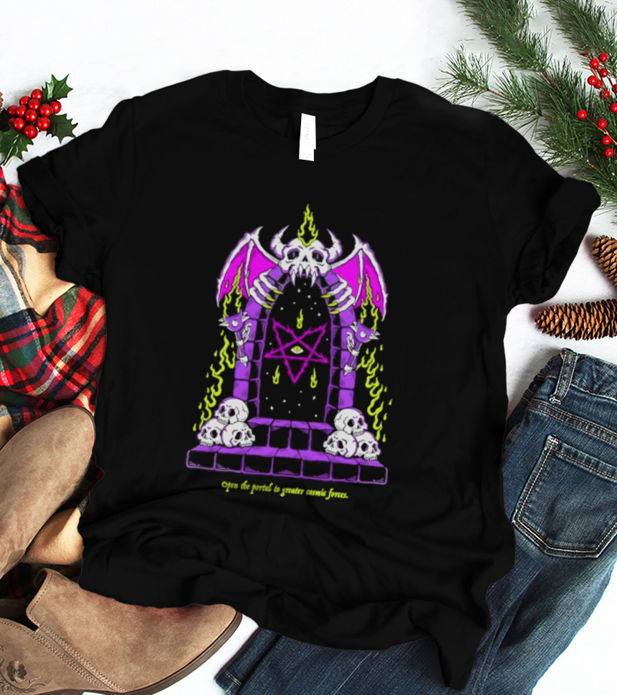 Open The Portal To Greater Cosmic Forces Pentagram Skull With Bat Wings And All Seeing Eye T-Shirt