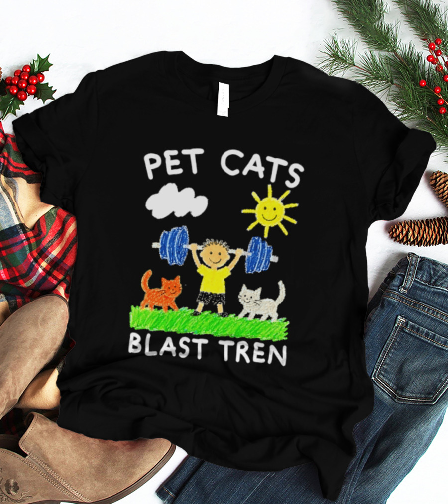 Pet Cats Blast Tren Bodybuilding Gym Child With Weights Sun And Clouds T-Shirt