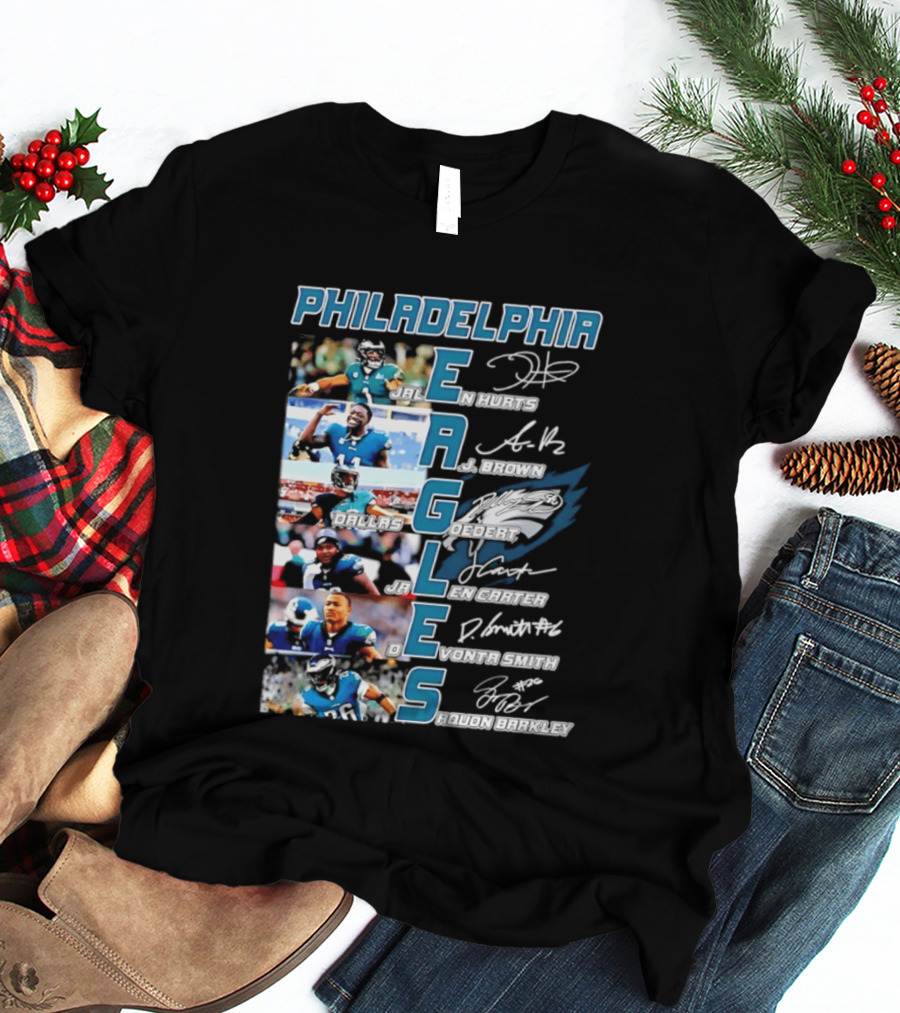 Philadelphia Eagles Jalen Hurts AJ Brown Dallas Goedert Jalen Carter DeVonta Smith Saquon Barkley Signatures Team T-Shirt