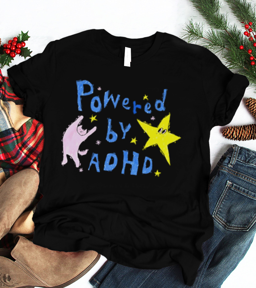 Powered By ADHD Neurodivergent Star And Cat With Yellow Stars T-Shirt