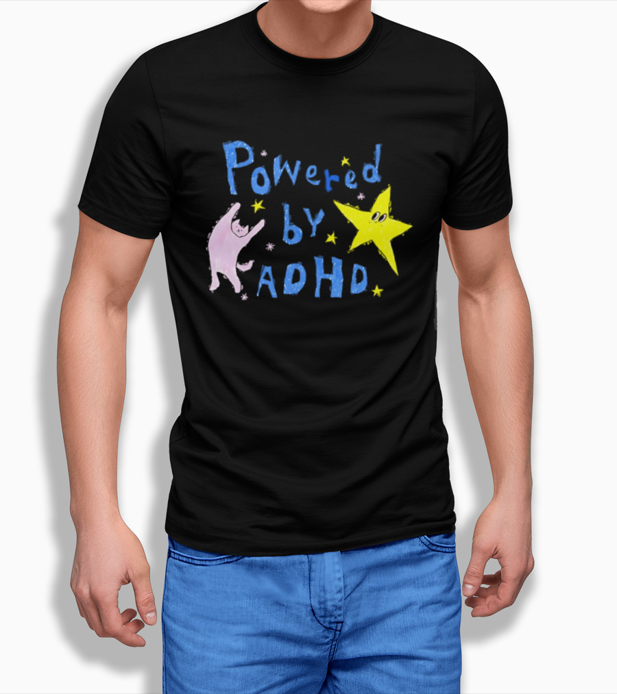 Powered By ADHD Neurodivergent Star And Cat With Yellow Stars T-Shirt