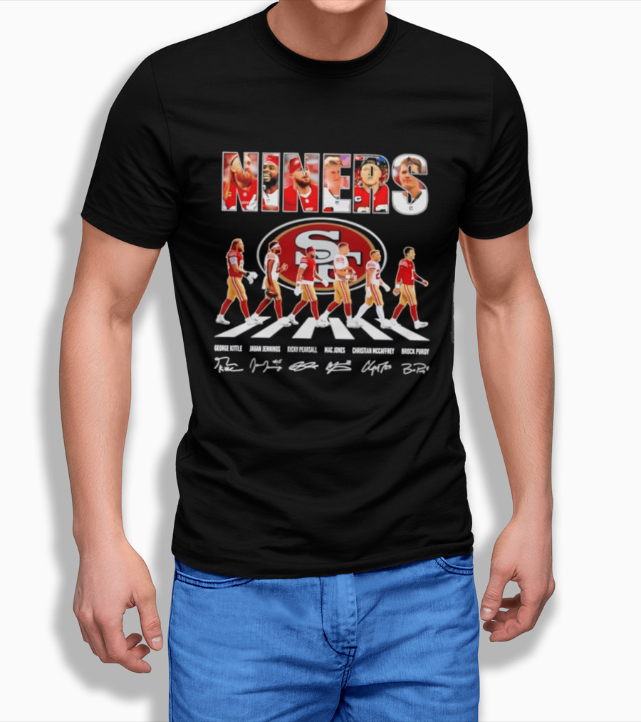 San Francisco 49ers George Kittle Jauan Jennings Ricky Pearsall Mac Jones Christian McCaffrey NINERS Walk NFL Legends Signatures T-Shirt