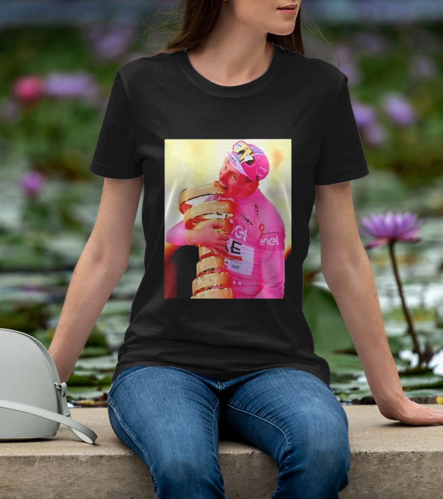 Tadej Pogacar 2024 Giro D'Italia Trophy Celebration In Pink Jersey T-Shirt