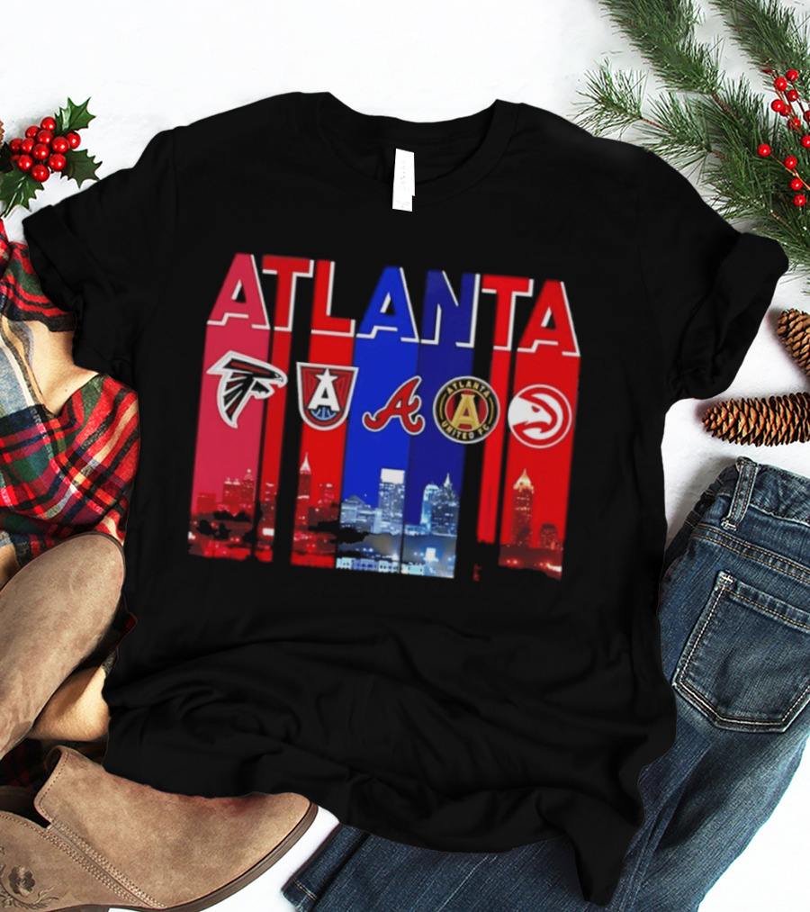 Atlanta Falcons Hawks Braves United FC Skyline City Sports Logos T-Shirt