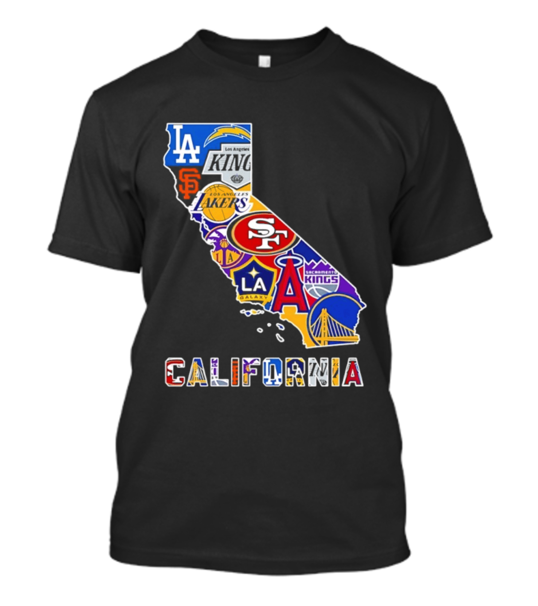 California Map Collage With 49ers Lakers Kings Giants Angels Dodgers Logos 2026 T-Shirt