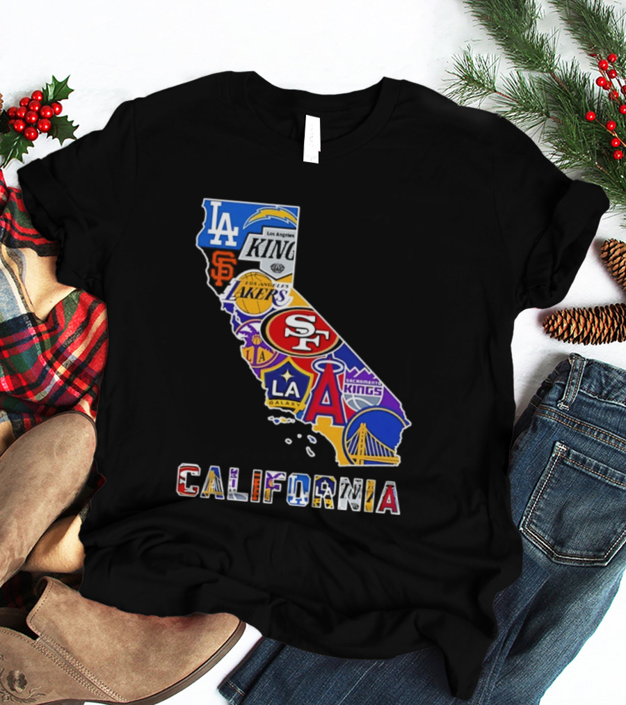 California Map Collage With 49ers Lakers Kings Giants Angels Dodgers Logos 2026 T-Shirt