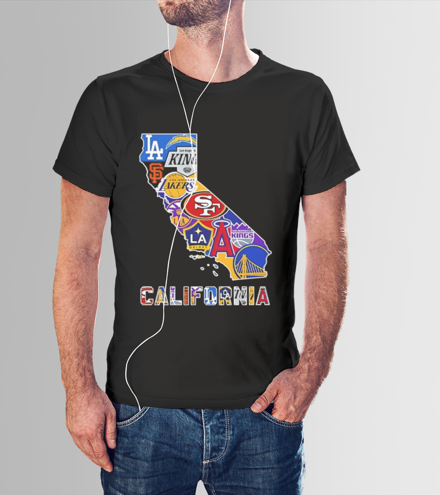 California Map Collage With 49ers Lakers Kings Giants Angels Dodgers Logos 2026 T-Shirt