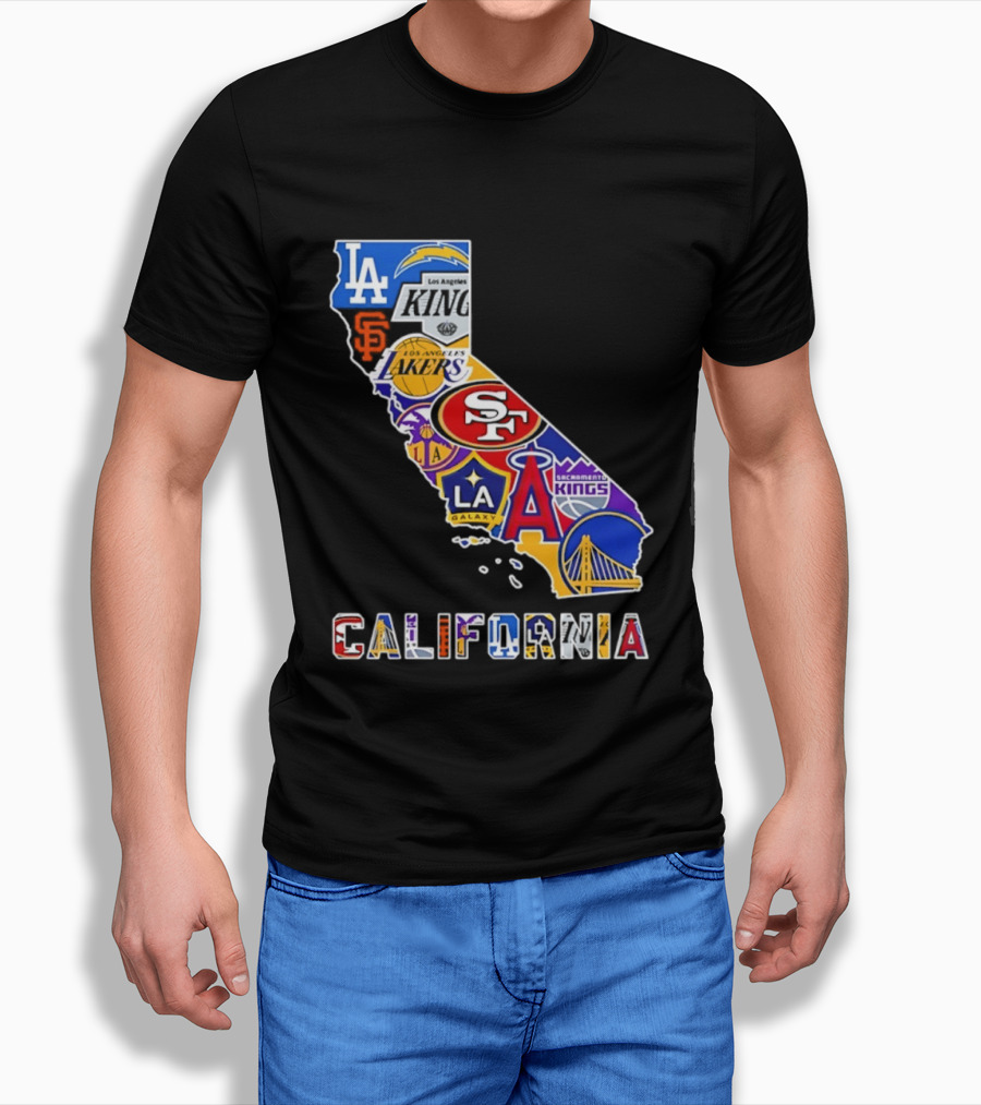 California Map Collage With 49ers Lakers Kings Giants Angels Dodgers Logos 2026 T-Shirt