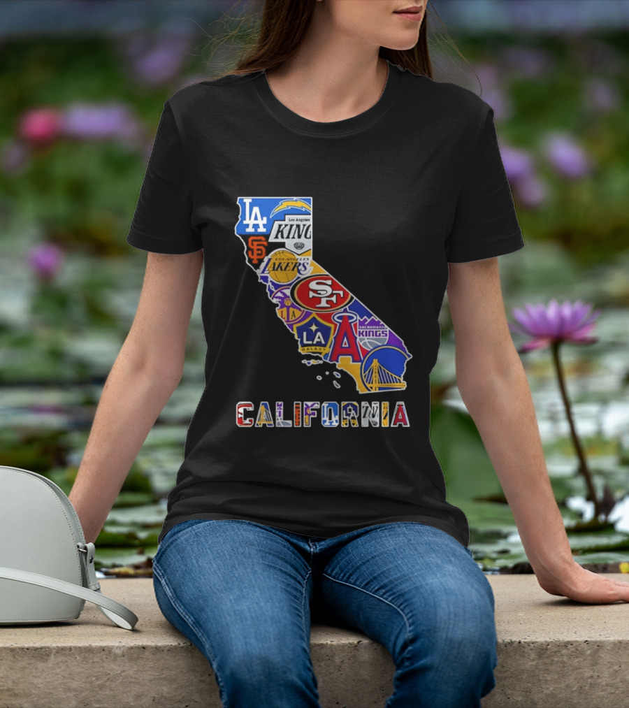 California Map Collage With 49ers Lakers Kings Giants Angels Dodgers Logos 2026 T-Shirt
