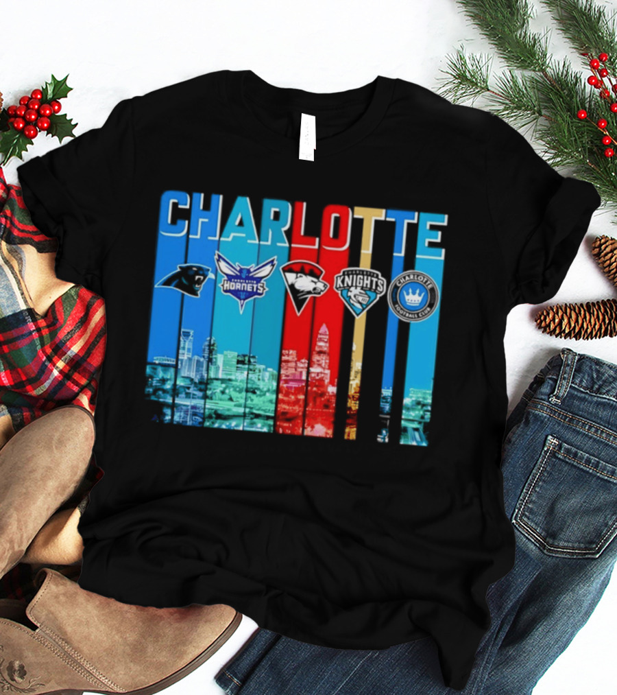 Charlotte Panthers Hornets Knights City Skyline Sports Team Logos T-Shirt