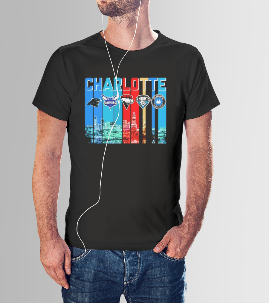 Charlotte Panthers Hornets Knights City Skyline Sports Team Logos T-Shirt