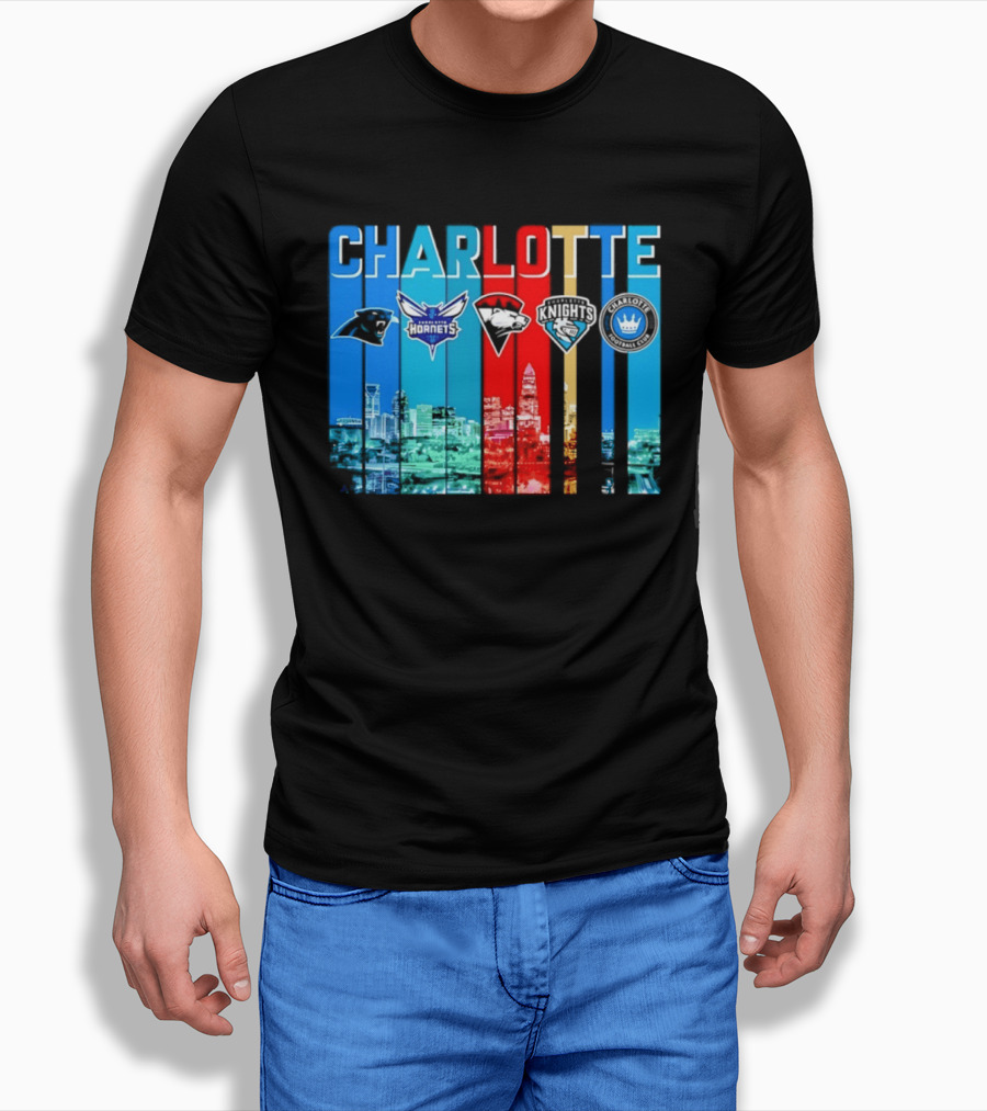 Charlotte Panthers Hornets Knights City Skyline Sports Team Logos T-Shirt