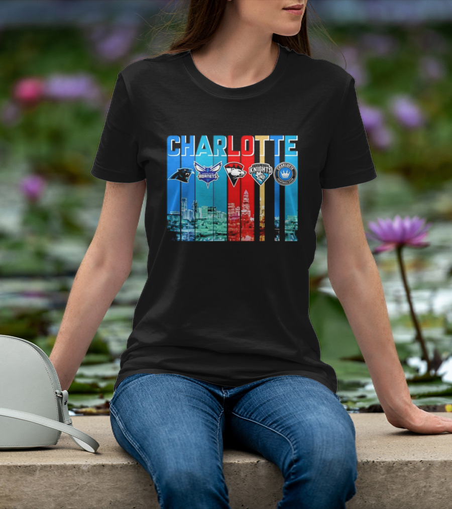 Charlotte Panthers Hornets Knights City Skyline Sports Team Logos T-Shirt