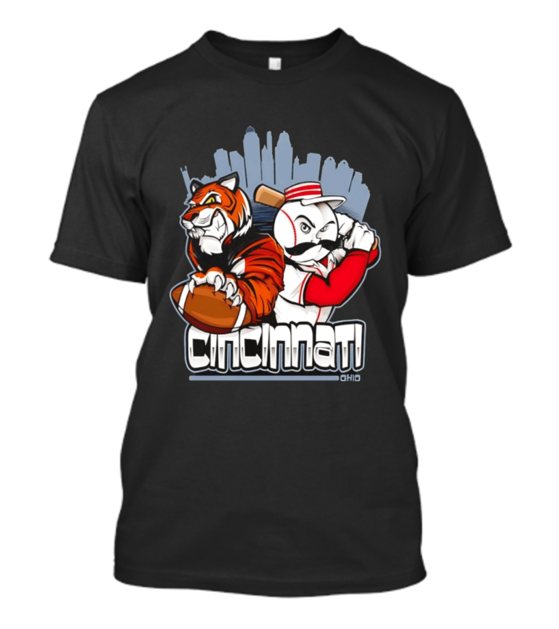 Cincinnati Reds Bengals Skyline Ohio Tiger And Baseball Character 2026 T-Shirt