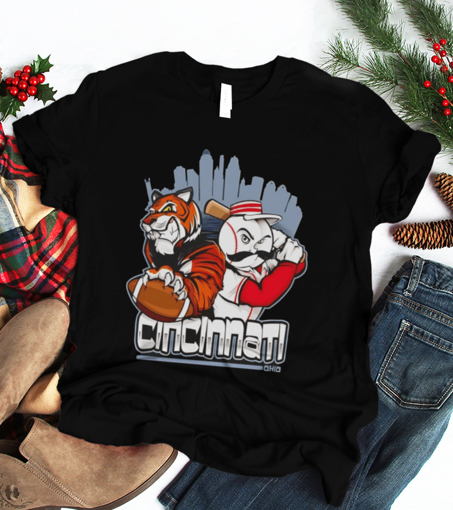 Cincinnati Reds Bengals Skyline Ohio Tiger And Baseball Character 2026 T-Shirt